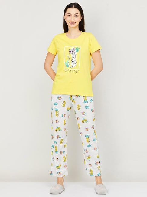 ginger by lifestyle yellow cotton printed top pyjamas set