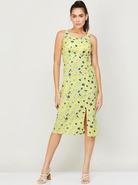 ginger by lifestyle yellow linen printed a-line dress