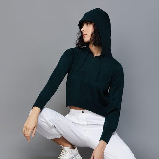 ginger women solid hooded cropped sweatshirt