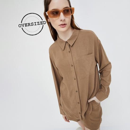 ginger women solid oversized shirt with patch pocket