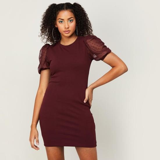 ginger women solid puffed sleeves bodycon dress