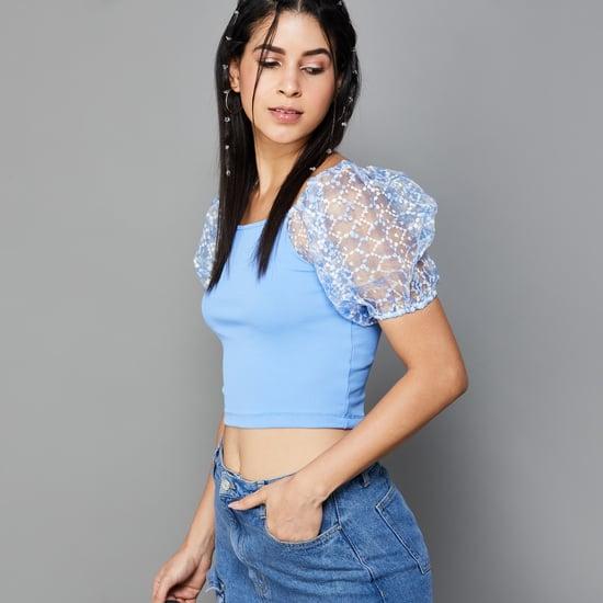 ginger women solid puffed sleeves crop top