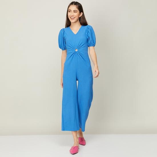 ginger women solid puffed sleeves jumpsuit