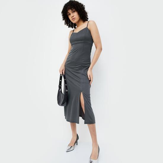 ginger women solid slitted midi dress