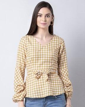 gingham checked v-neck top with detachable fabric belt