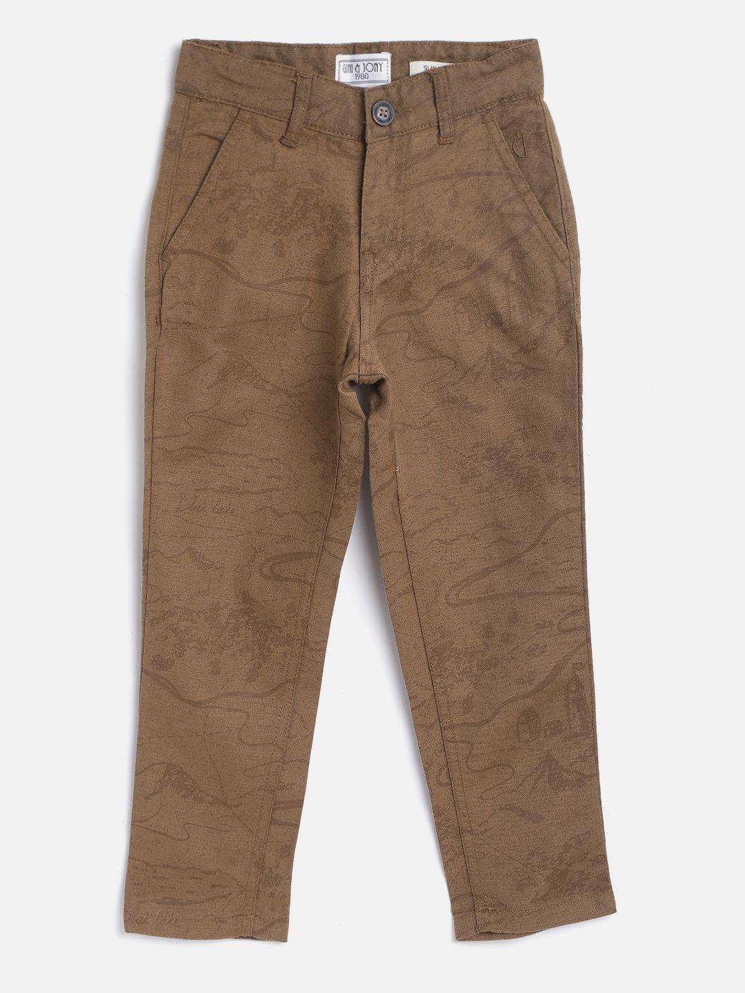 gini and jony boys brown regular fit abstract print trousers