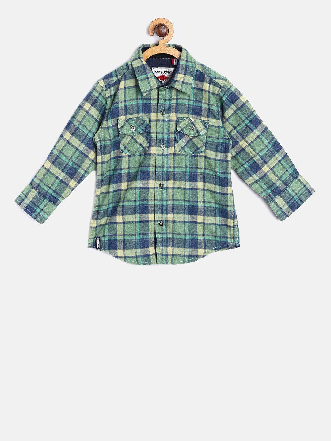 gini and jony boys green & blue regular fit checked casual shirt
