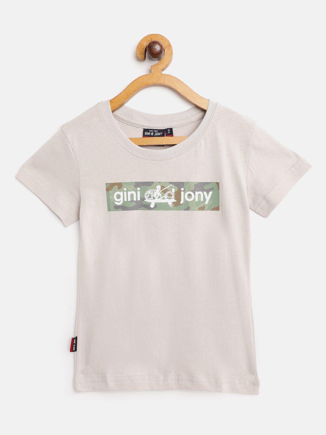 gini and jony boys grey  green brand logo print pure cotton t-shirt