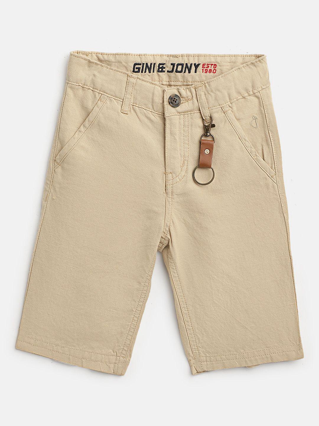 gini and jony boys khaki classic fit solid cotton linen regular shorts