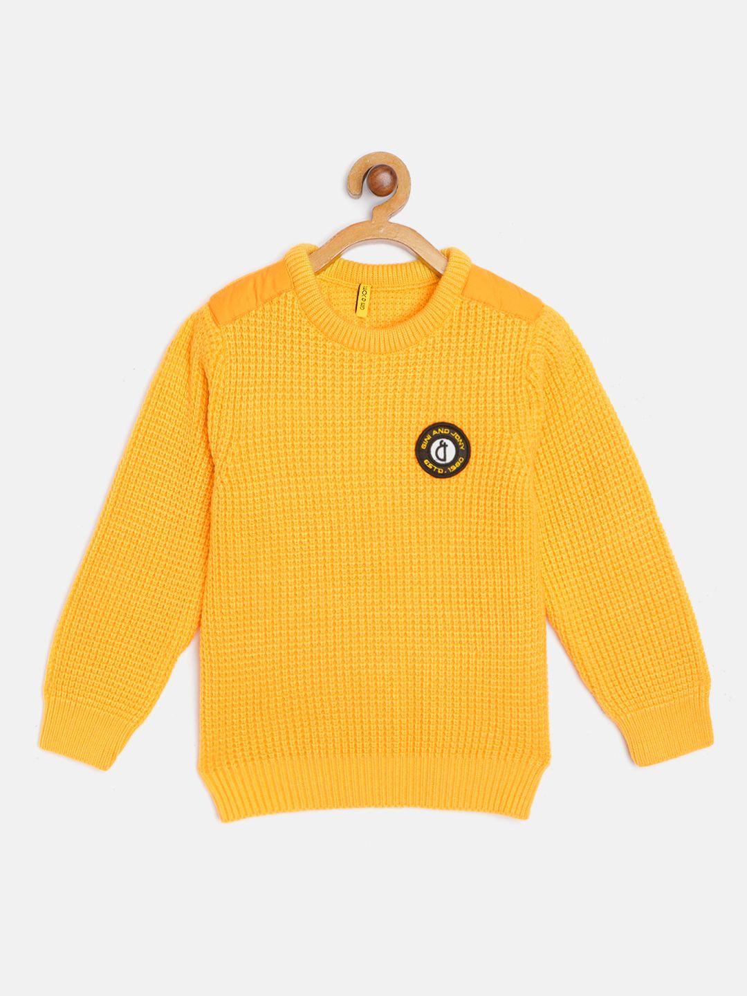 gini and jony boys mustard yellow self-striped pullover with applique detail