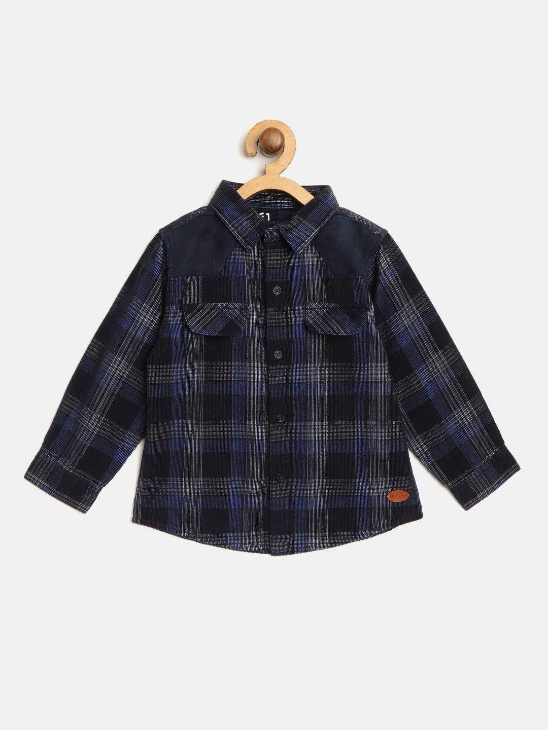 gini and jony boys navy blue & off-white regular fit checked corduroy casual shirt