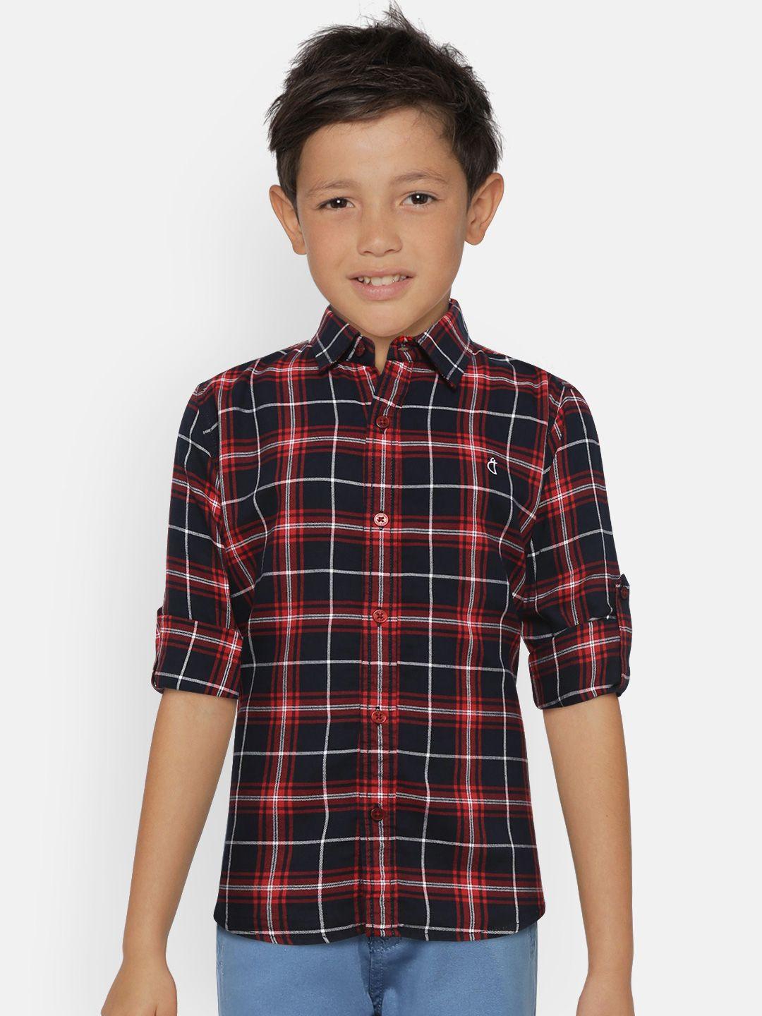 gini and jony boys navy blue & red regular fit checked casual shirt