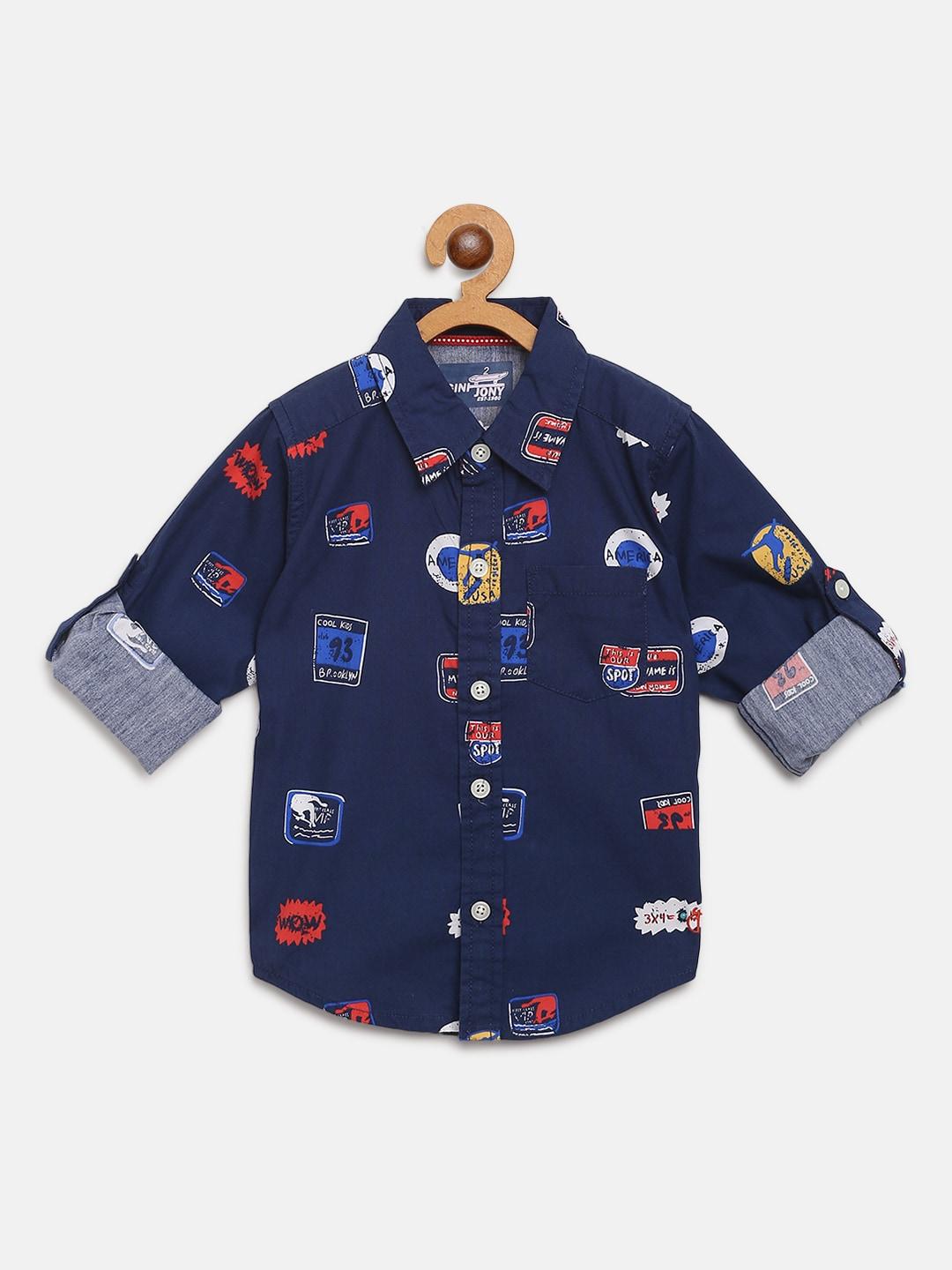gini and jony boys navy blue & white printed  regular fit casual shirt