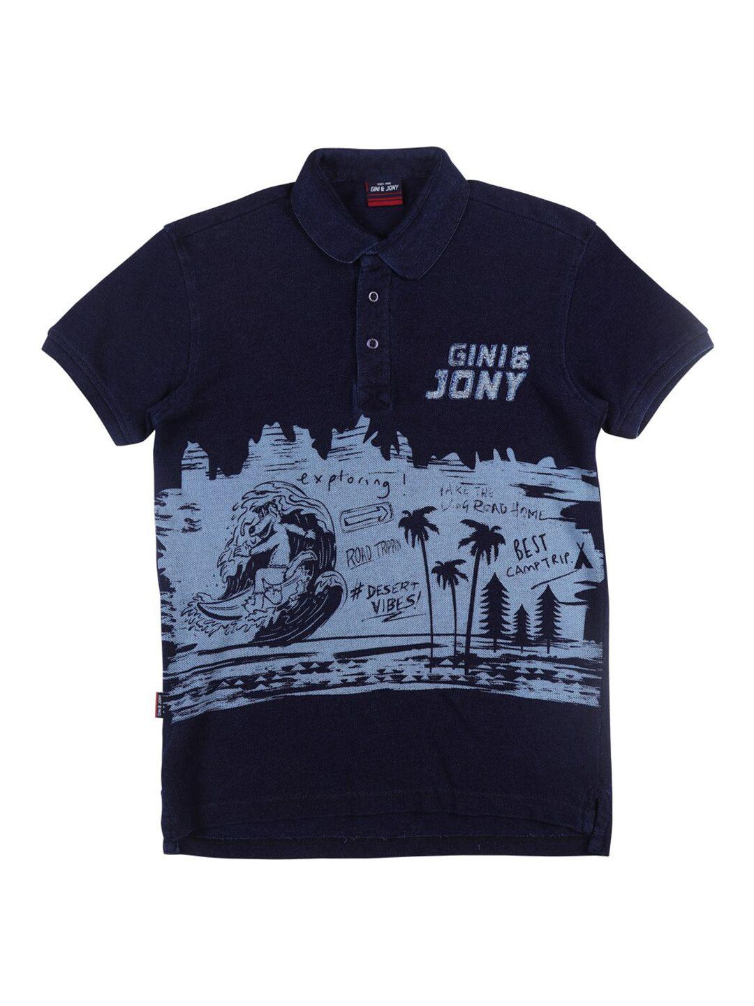 gini and jony boys navy blue printed cotton polo collar t-shirt
