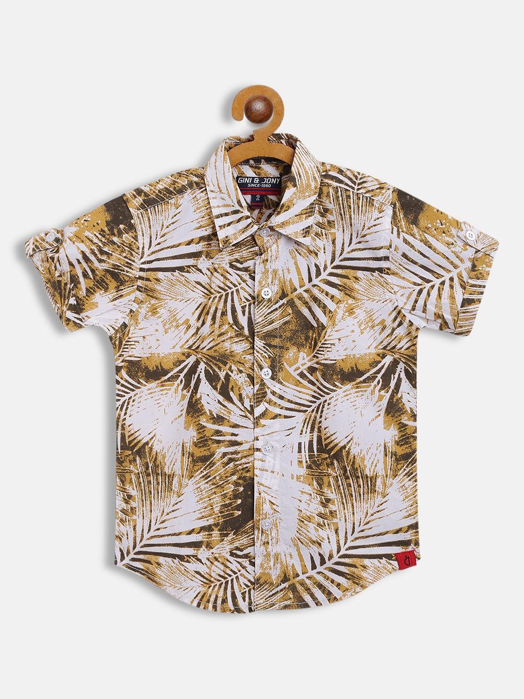 gini and jony boys off white & beige tropical printed cotton casual shirt