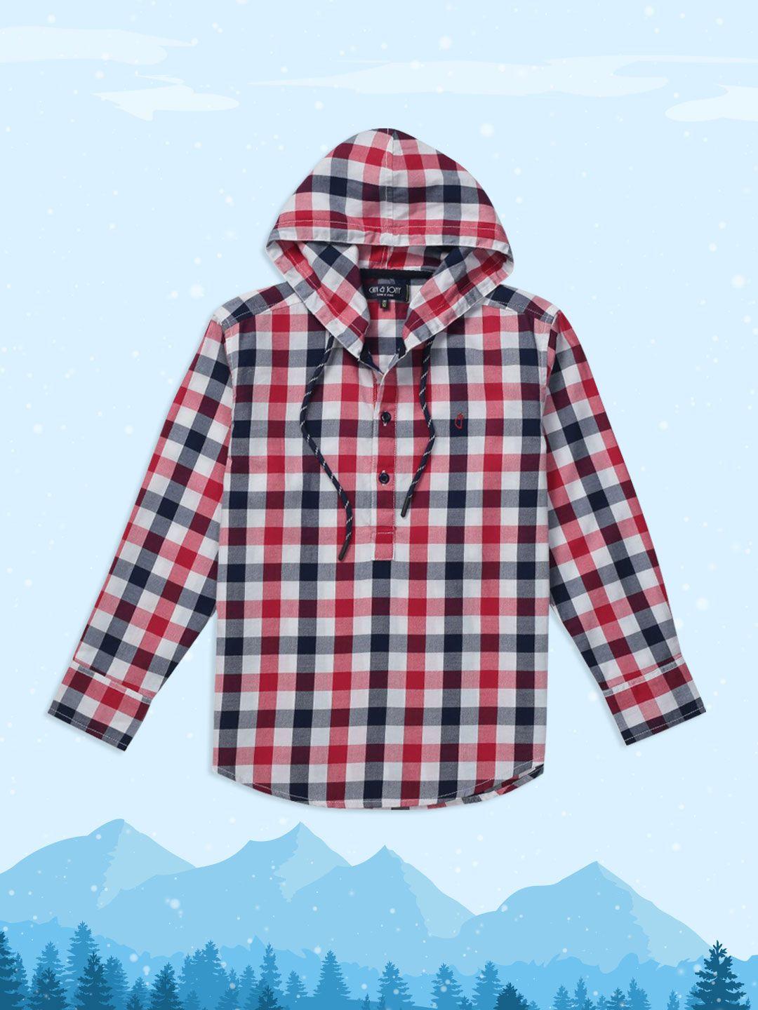 gini and jony boys red classic gingham checked hooded casual shirt