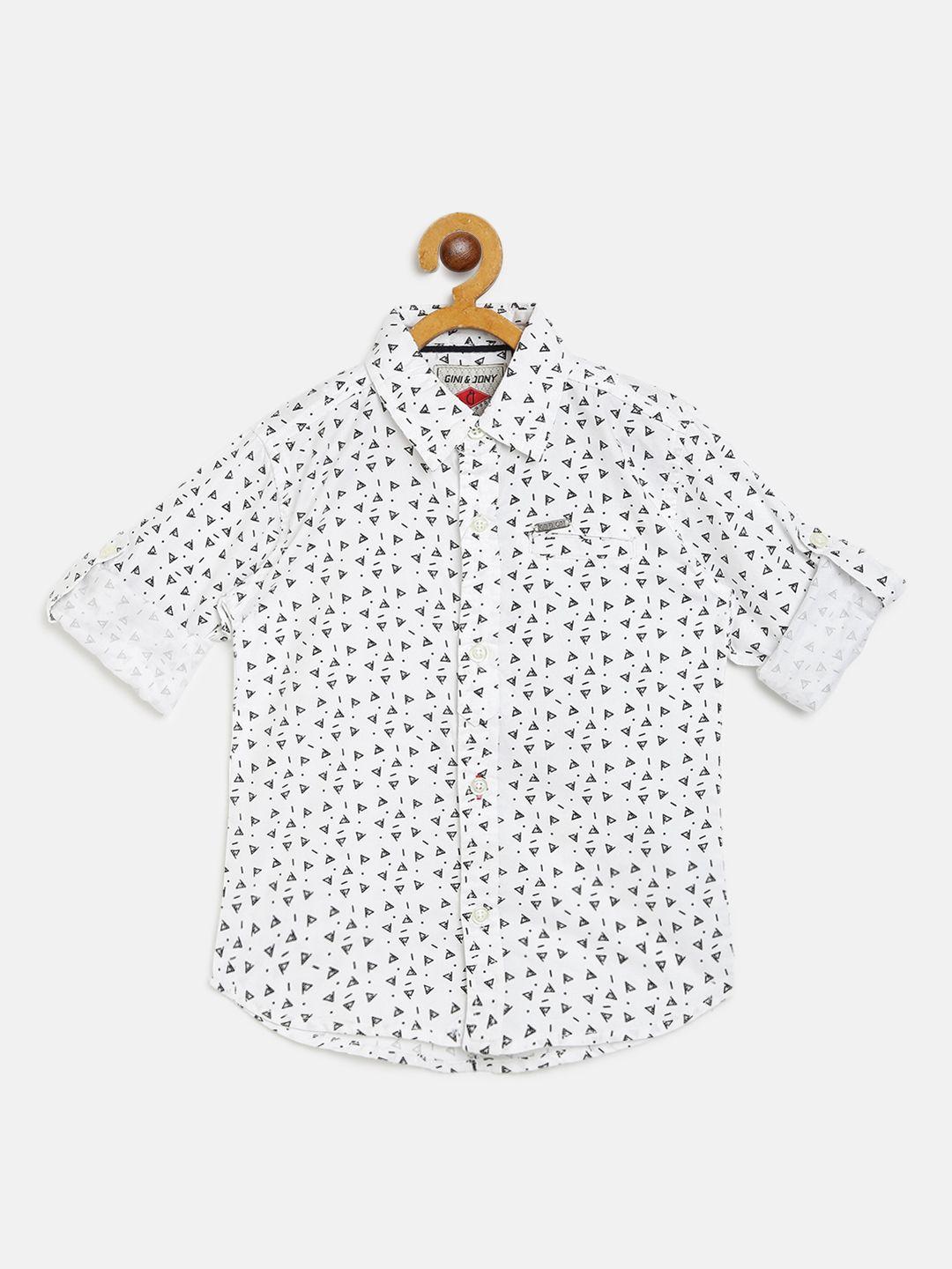 gini and jony boys white & black regular fit geometric print casual shirt