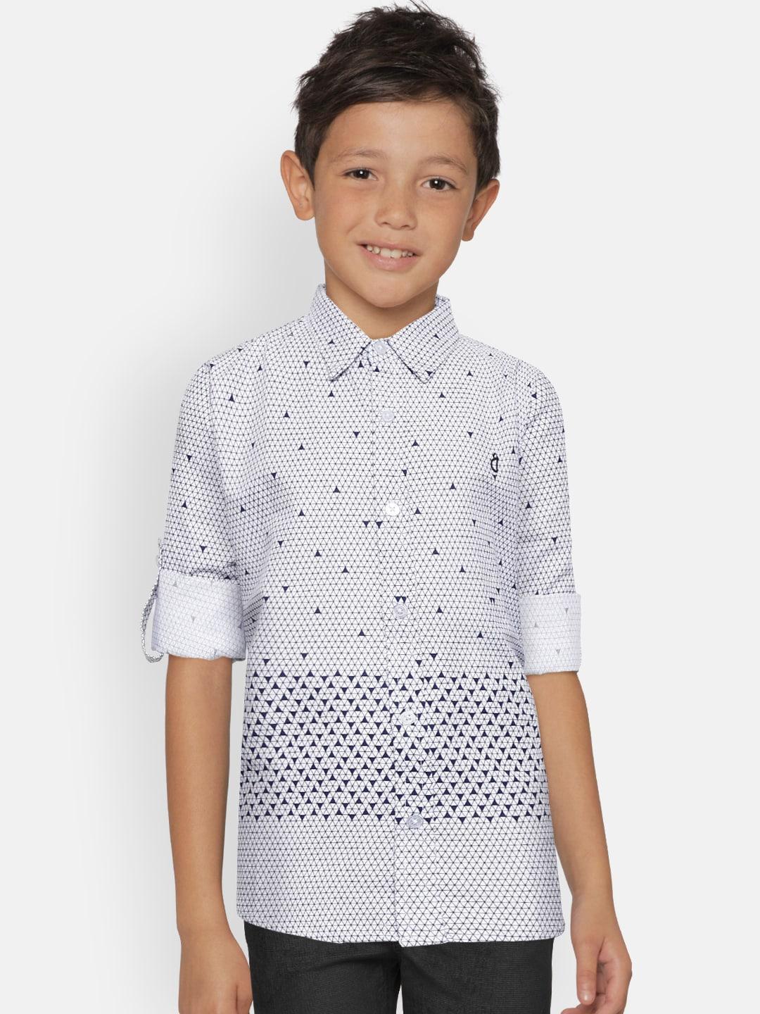 gini and jony boys white & navy blue regular fit printed casual shirt