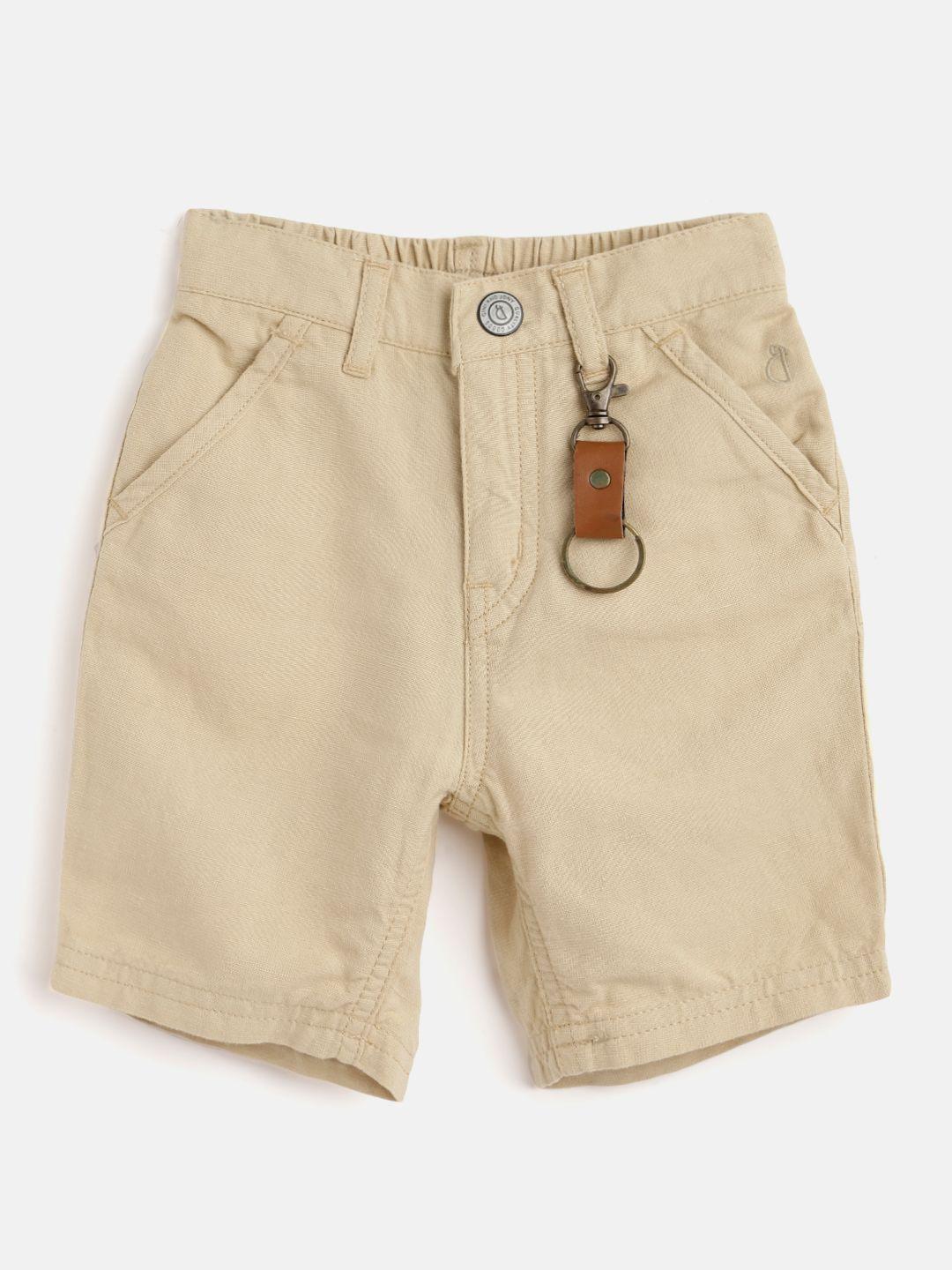 gini and jony infant boys beige solid linen regular fit shorts & key holder carabiner
