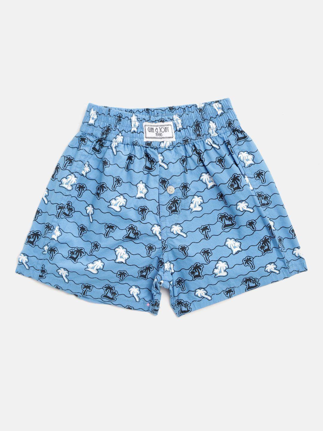 gini & jony boys blue & white tropical print pure cotton boxers c674