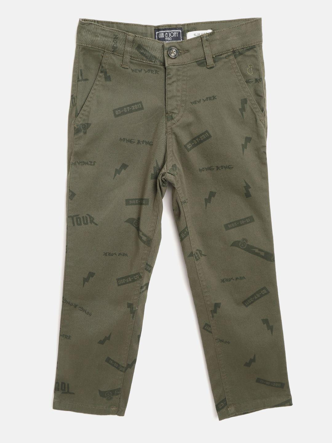 gini & jony boys olive green conversational print slim-fit trousers