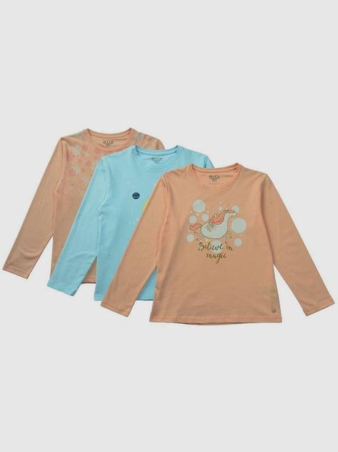 gini & jony kids peach & blue cotton graphic full sleeves top (pack of 3)