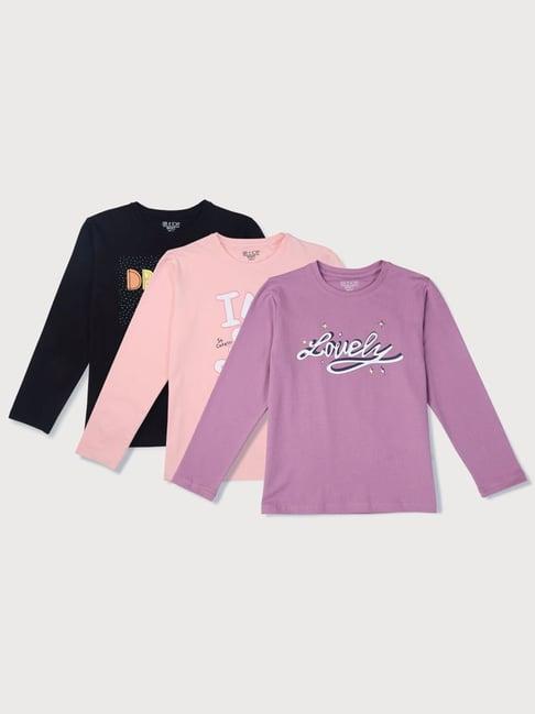 gini & jony kids pink & navy cotton graphic full sleeves t-shirt (pack of 3)