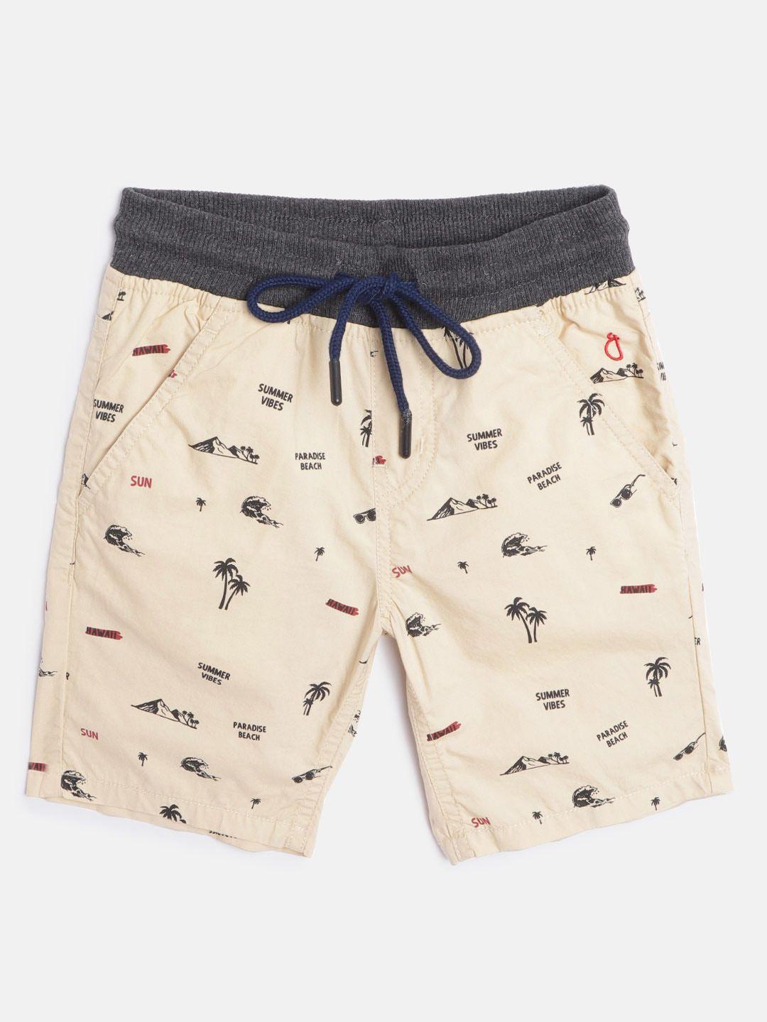 gini and jony boys beige & black classic fit tropical printed pure cotton regular shorts