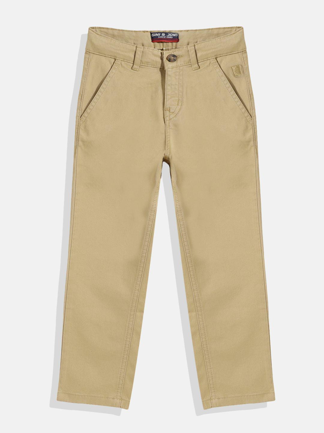 gini and jony boys beige solid regular fit chinos