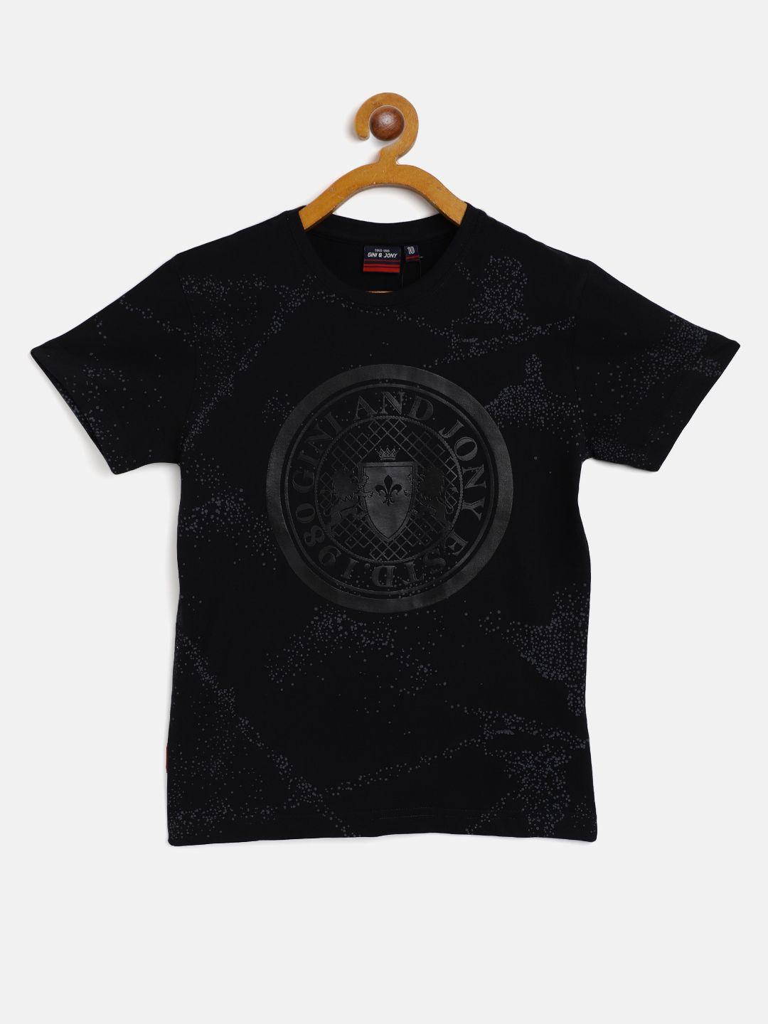 gini and jony boys black cotton brand logo printed t-shirt