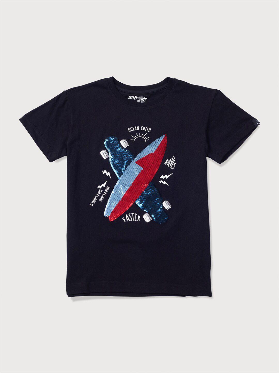 gini and jony boys black printed applique t-shirt