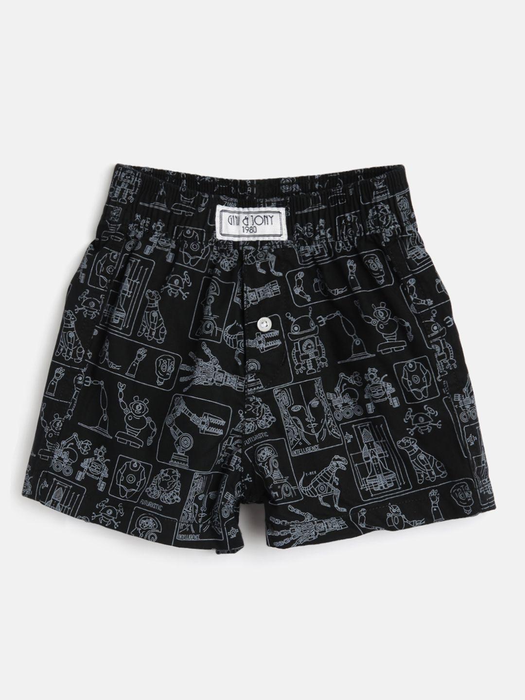 gini and jony boys black printed regular fit cotton shorts