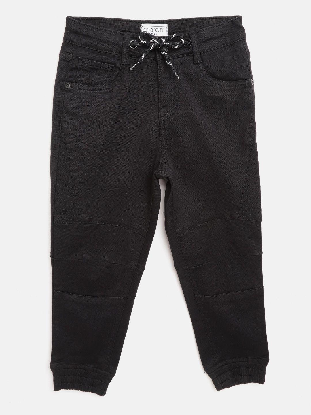 gini and jony boys black regular fit mid-rise clean look stretchable joggers