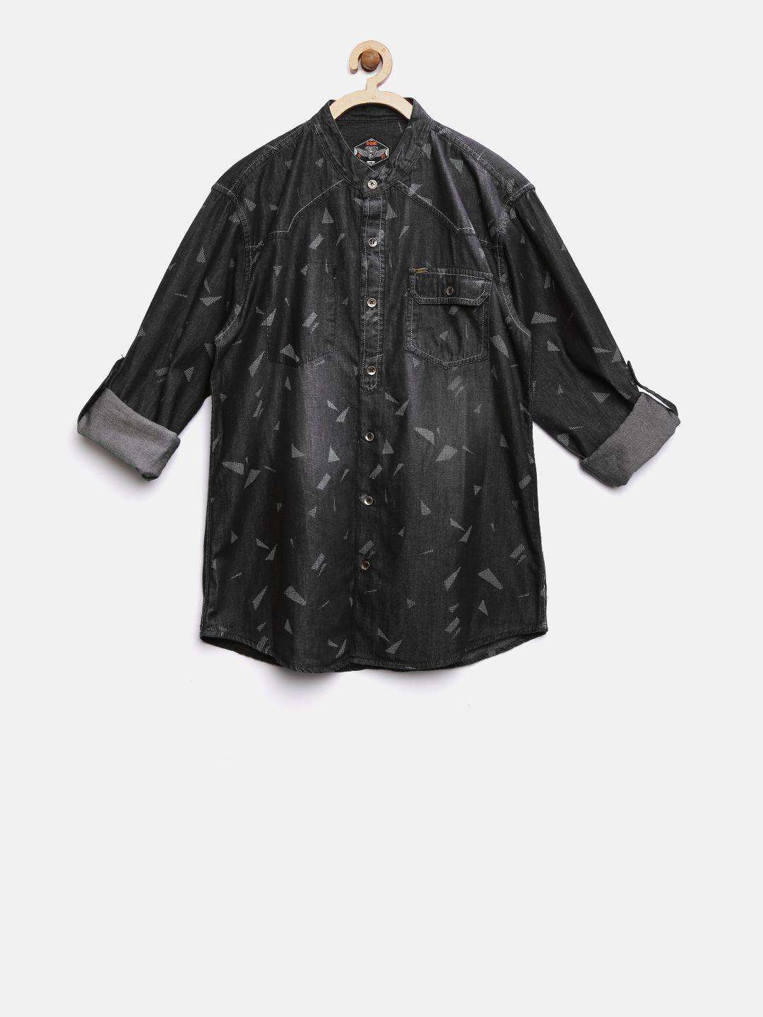 gini and jony boys black regular fit printed denim shirt