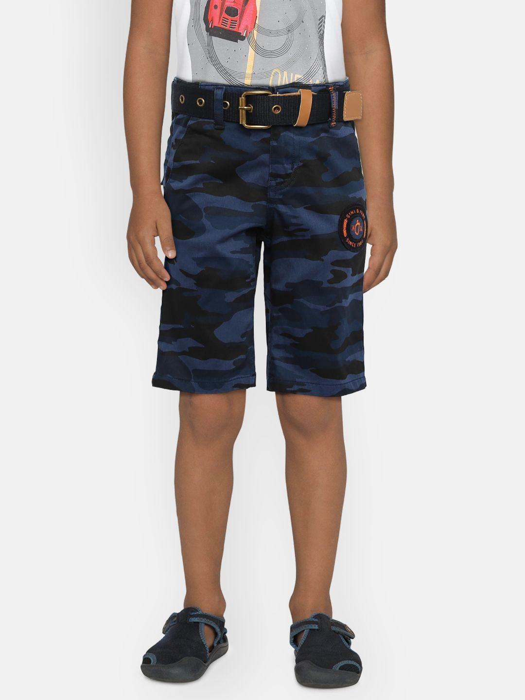 gini and jony boys blue & black camouflage printed classic fit regular shorts