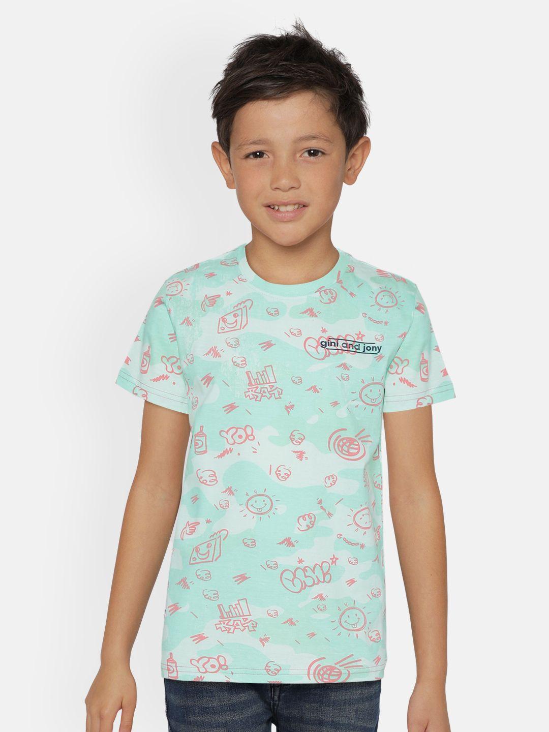 gini and jony boys blue  pink graphic print round neck pure cotton t-shirt