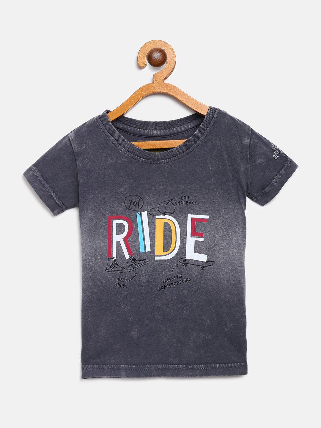 gini and jony boys charcoal grey printed & washed round neck t-shirt