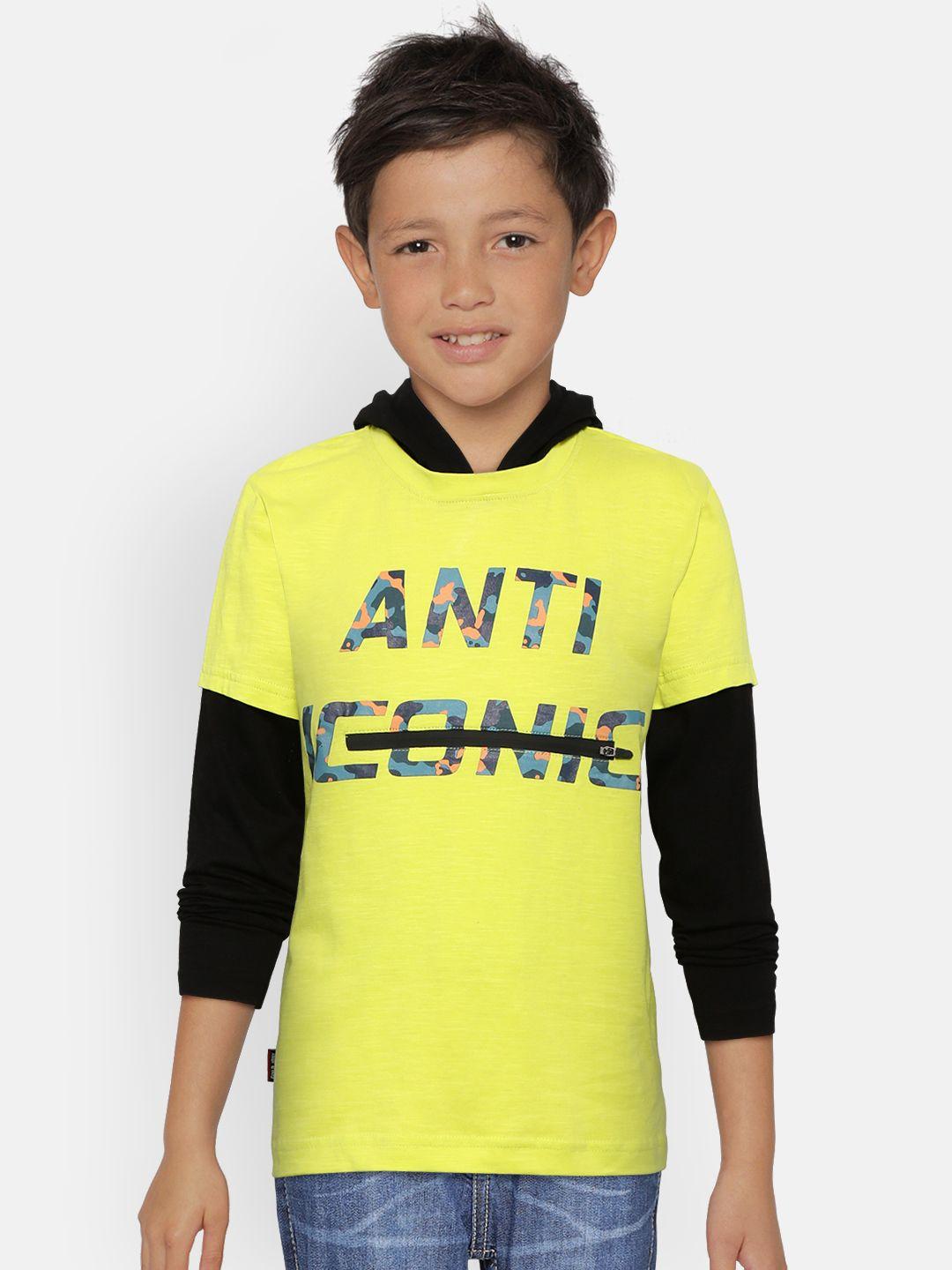 gini and jony boys fluorescent green  black printed hooded pure cotton t-shirt