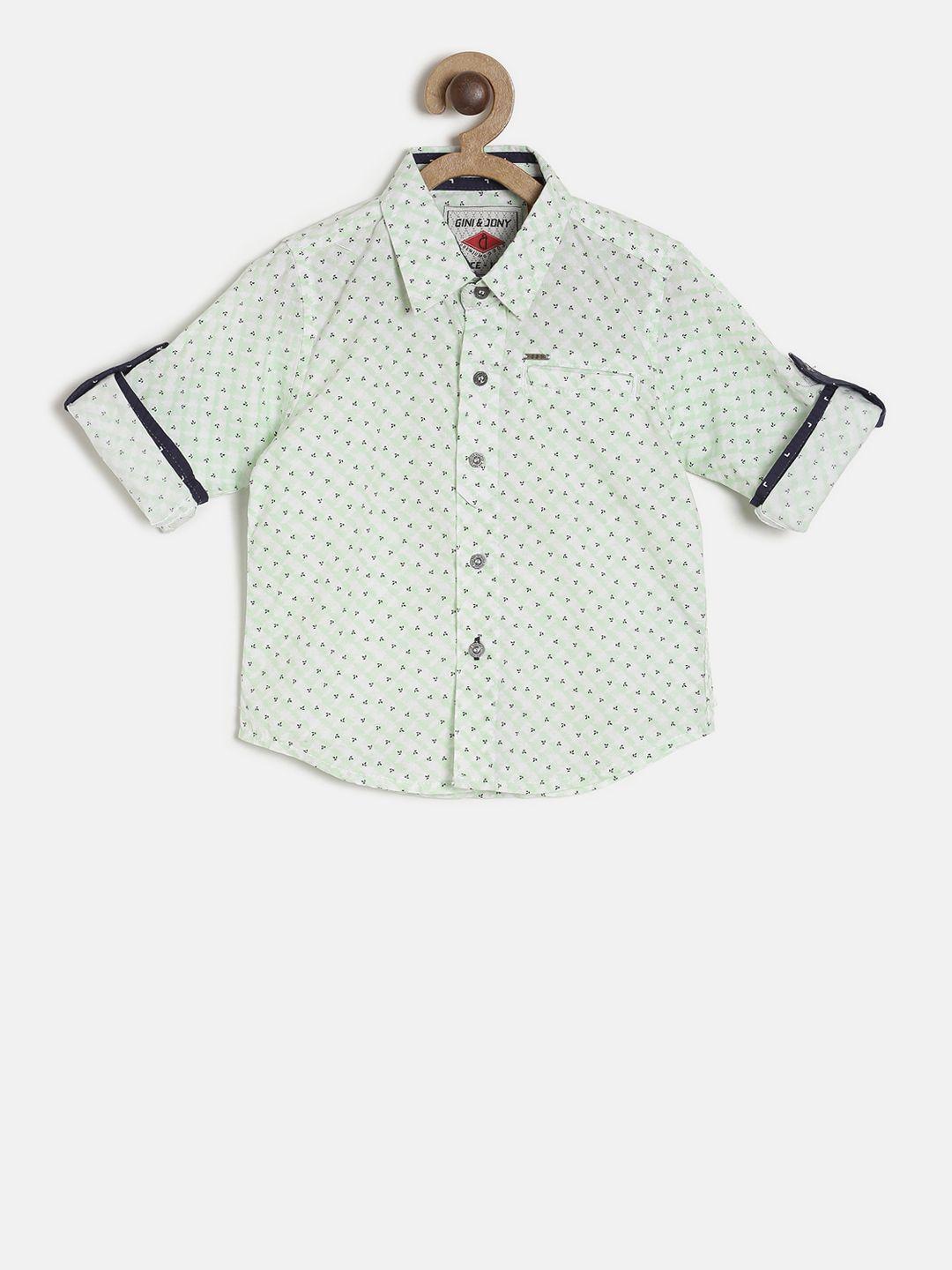 gini and jony boys green & white regular fit printed casual shirt