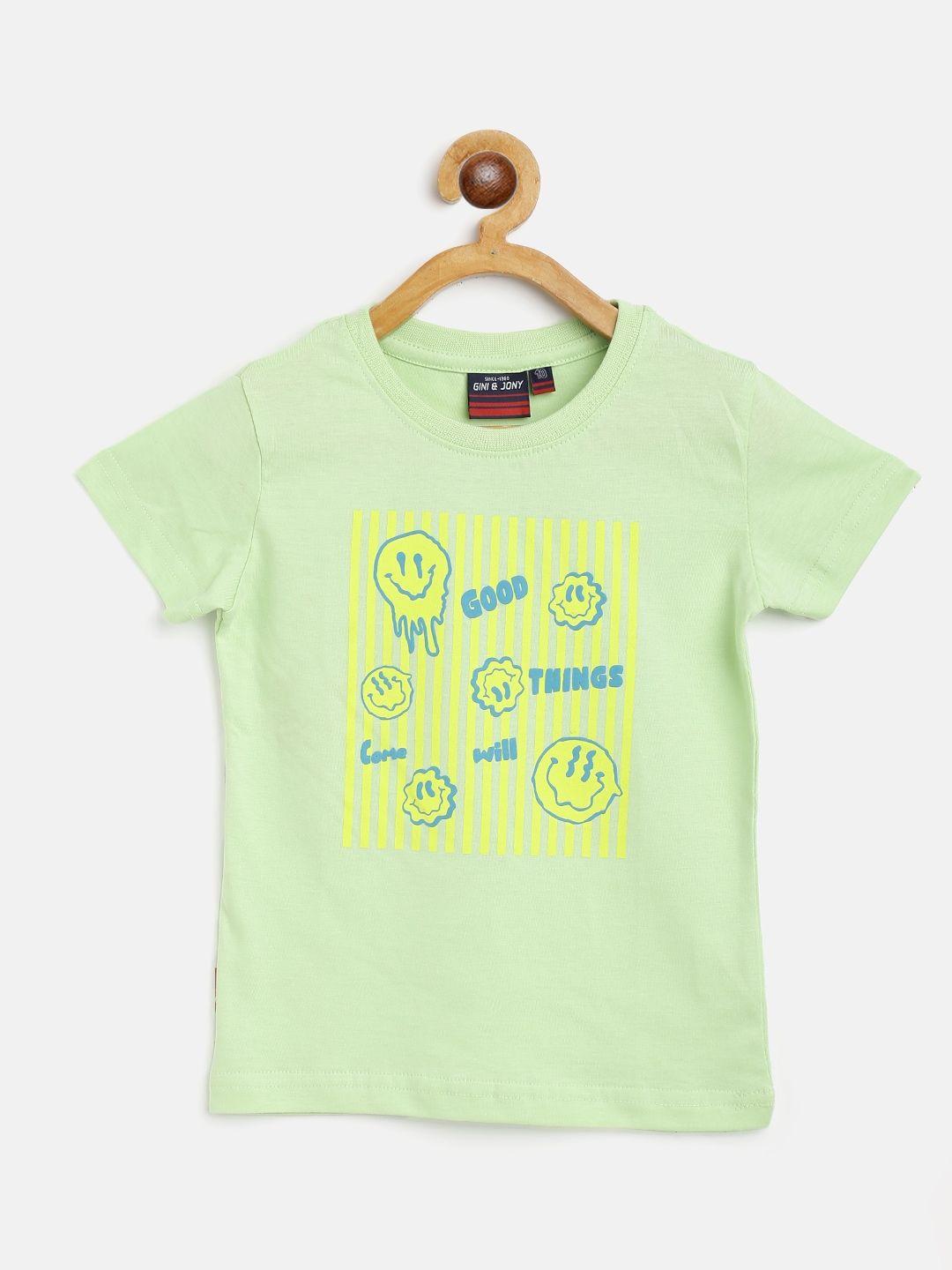 gini and jony boys green & yellow pure cotton printed t-shirt