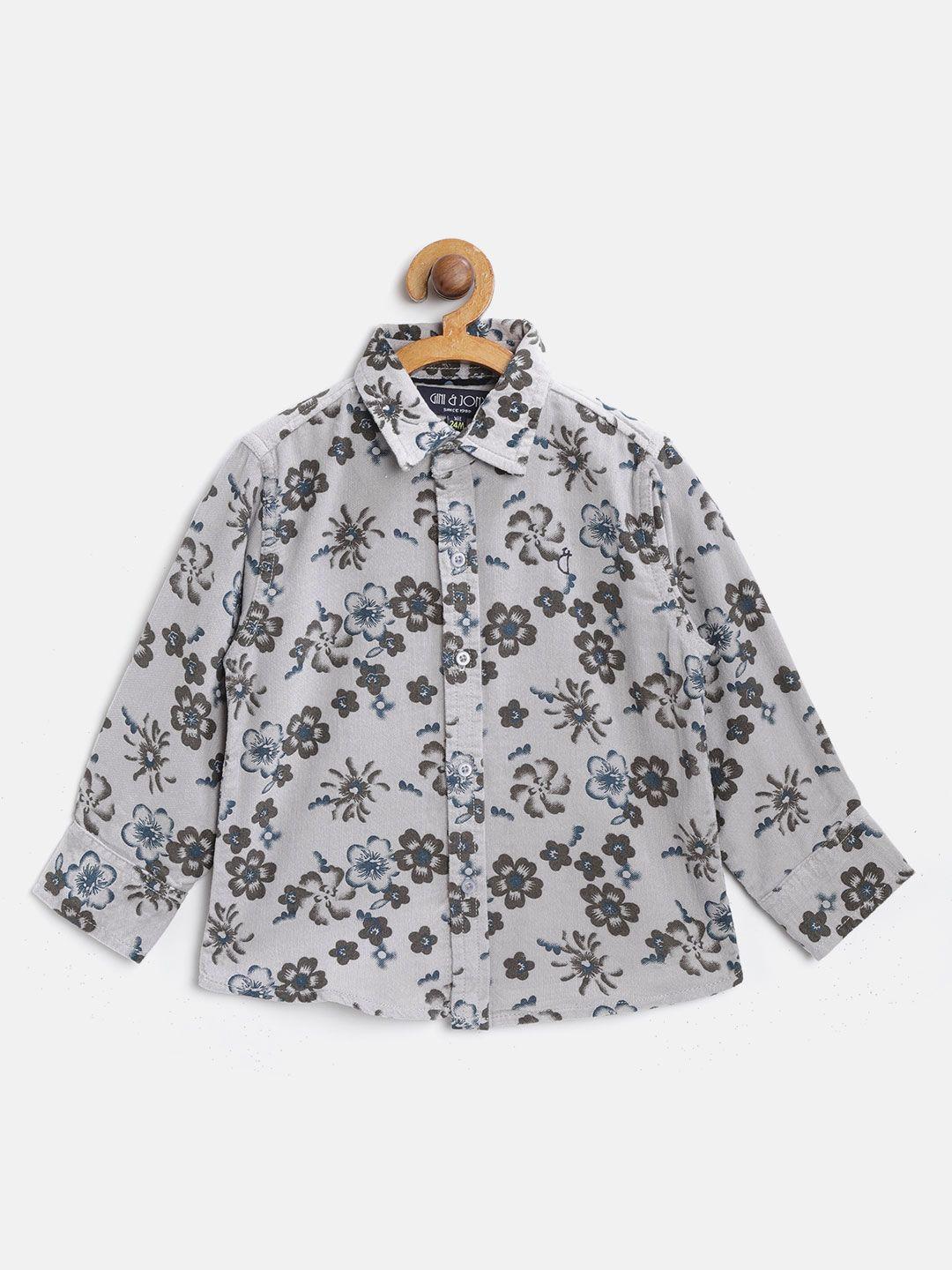 gini and jony boys grey & olive green floral printed couduroy shirt