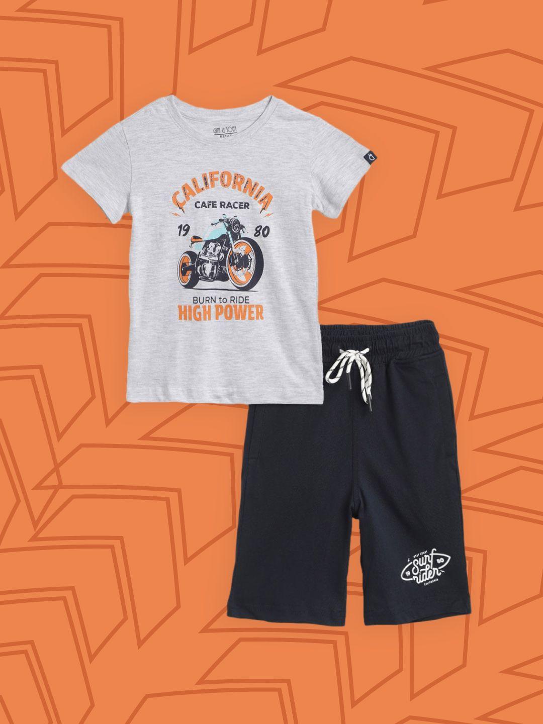 gini and jony boys grey melange & navy blue pure cotton printed t-shirt with shorts
