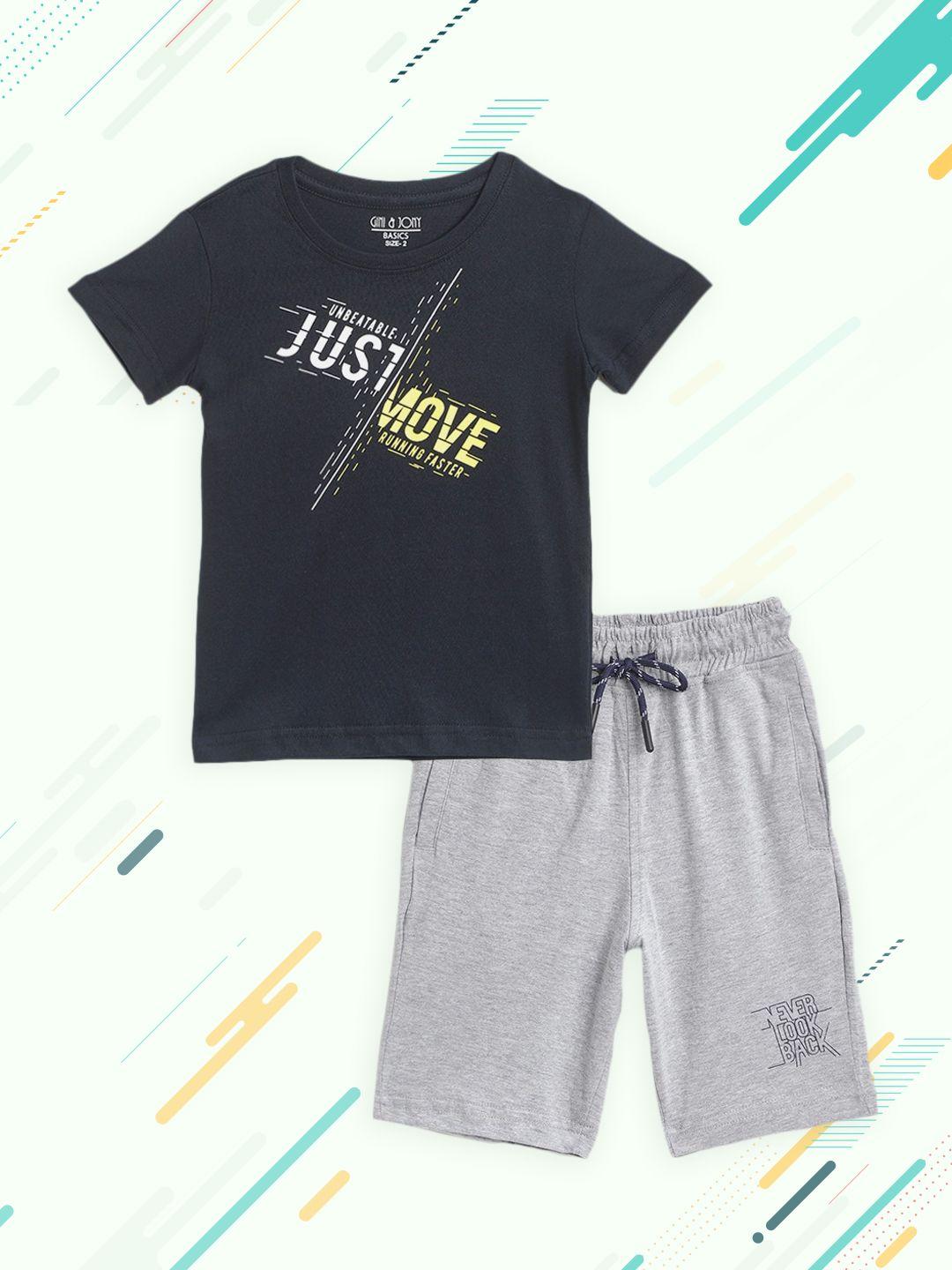 gini and jony boys grey melange & navy blue pure cotton printed t-shirt with shorts