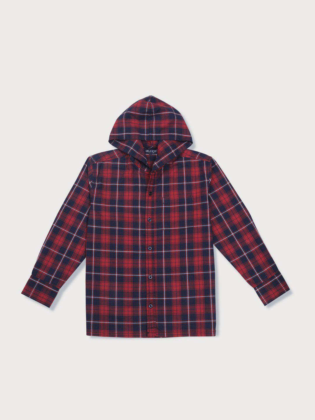 gini and jony boys hooded tartan checks cotton casual shirt