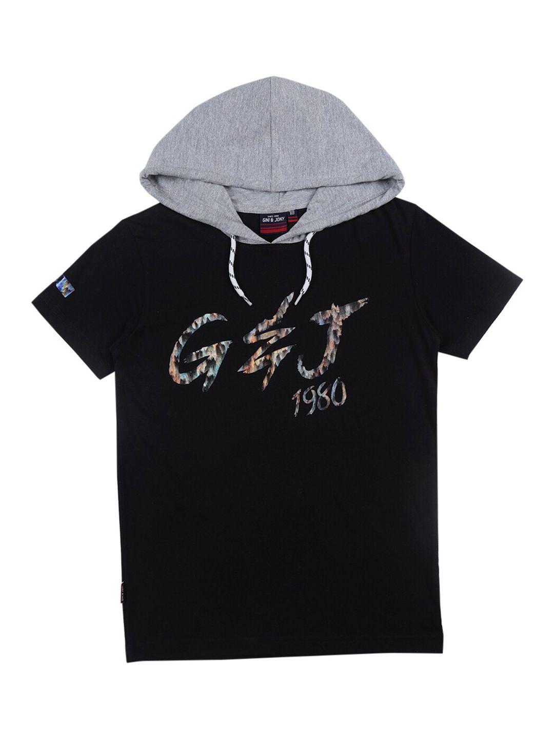 gini and jony boys hooded typography printed cotton t-shirt