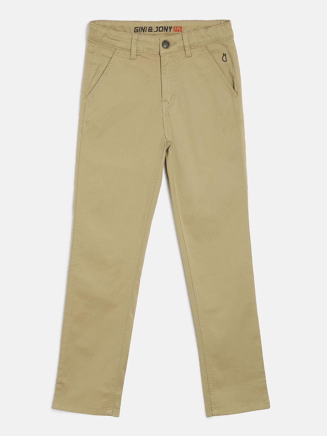 gini and jony boys khaki brown slim fit solid regular trousers