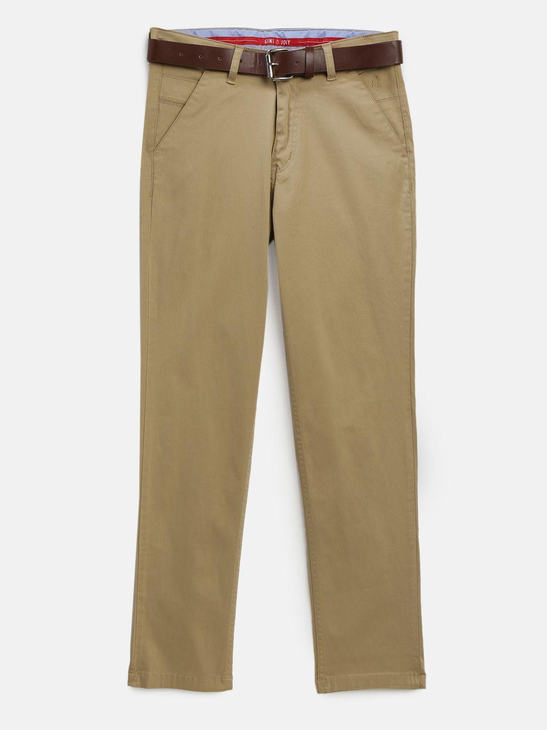 gini and jony boys khaki slim fit solid regular trousers