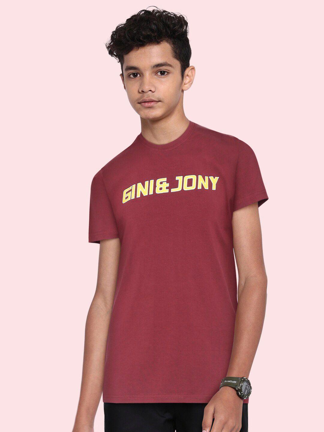 gini and jony boys maroon cotton brand logo printed t-shirt