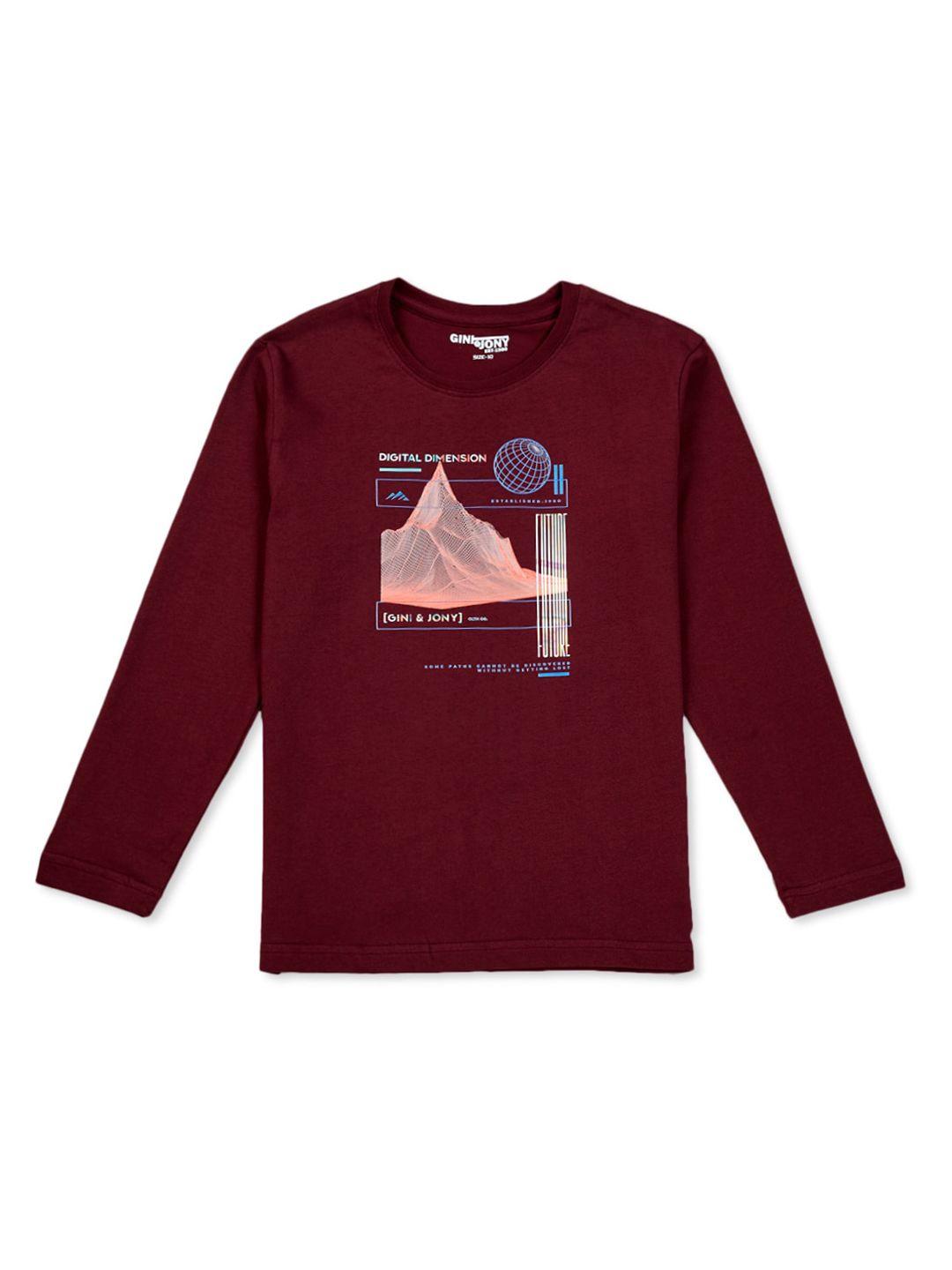 gini and jony boys maroon printed applique t-shirt