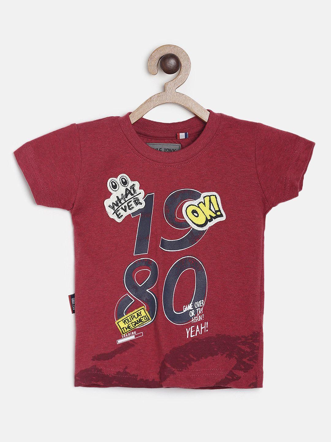 gini and jony boys maroon printed round neck t-shirt